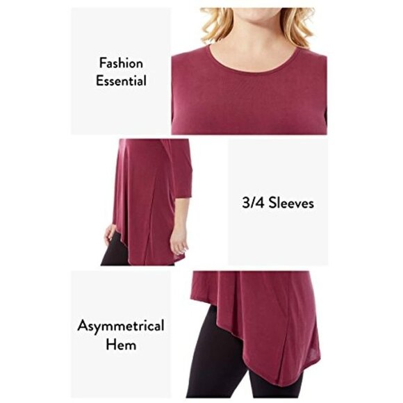 Rohb by Joyce Azria High Line Sleeve Asymmetrical Tee (Burgundy) Size M - Picture 3 of 6